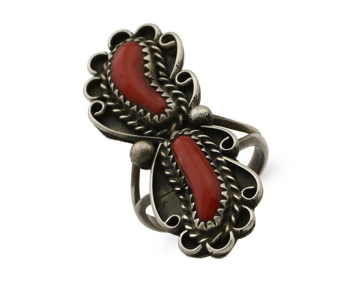 Navajo Ring 925 Silver Mediterranean Coral Native American Artist C.80's