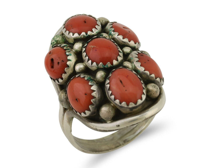 Navajo Ring 925 Silver Mediterranean Coral Native American Artist C.80's