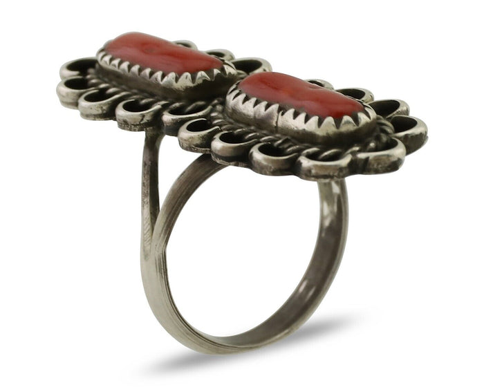 Navajo Ring 925 Silver Mediterranean Coral Native American Artist C.80's