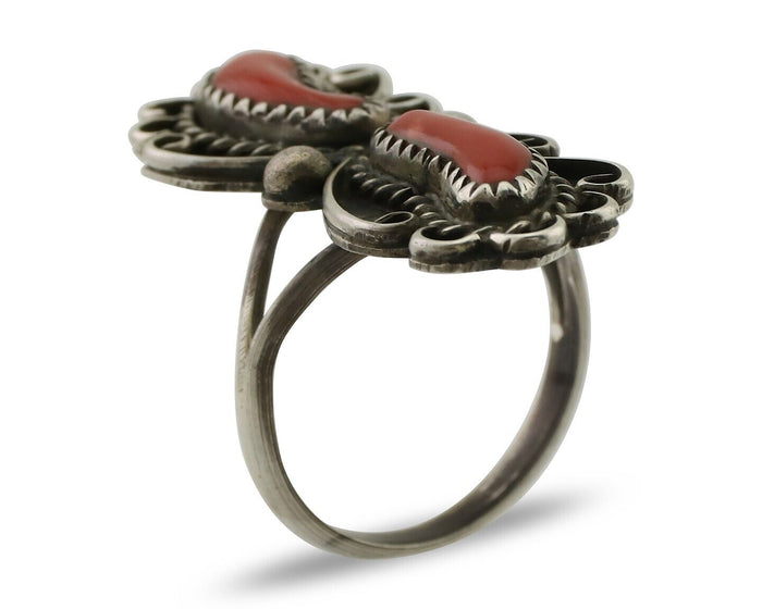 Navajo Ring 925 Silver Mediterranean Coral Native American Artist C.80's