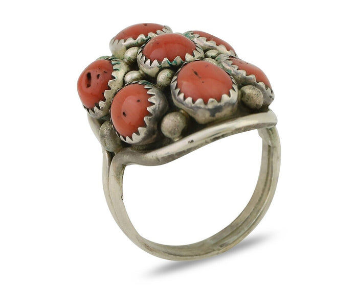 Navajo Ring 925 Silver Mediterranean Coral Native American Artist C.80's