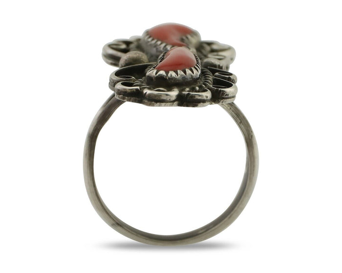 Navajo Ring 925 Silver Mediterranean Coral Native American Artist C.80's