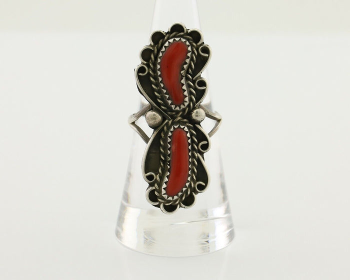 Navajo Ring 925 Silver Mediterranean Coral Native American Artist C.80's