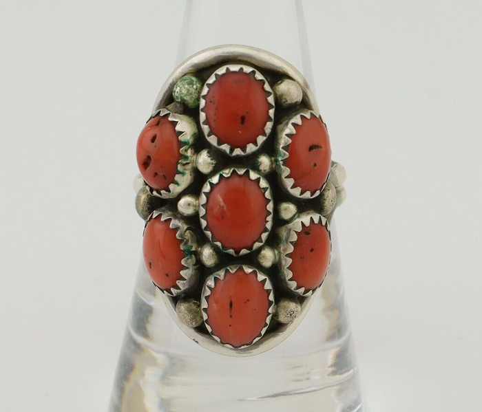 Navajo Ring 925 Silver Mediterranean Coral Native American Artist C.80's