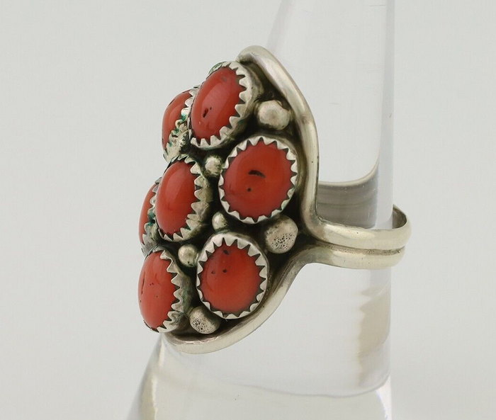 Navajo Ring 925 Silver Mediterranean Coral Native American Artist C.80's