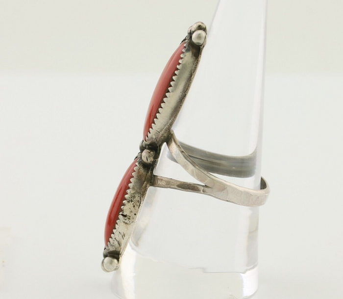 Navajo Ring 925 Silver Mediterranean Coral Native American Artist C.80's
