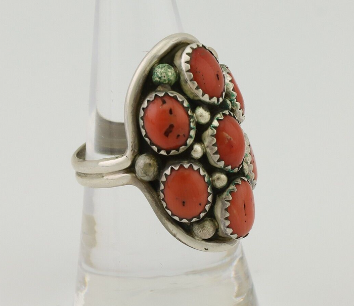Navajo Ring 925 Silver Mediterranean Coral Native American Artist C.80's