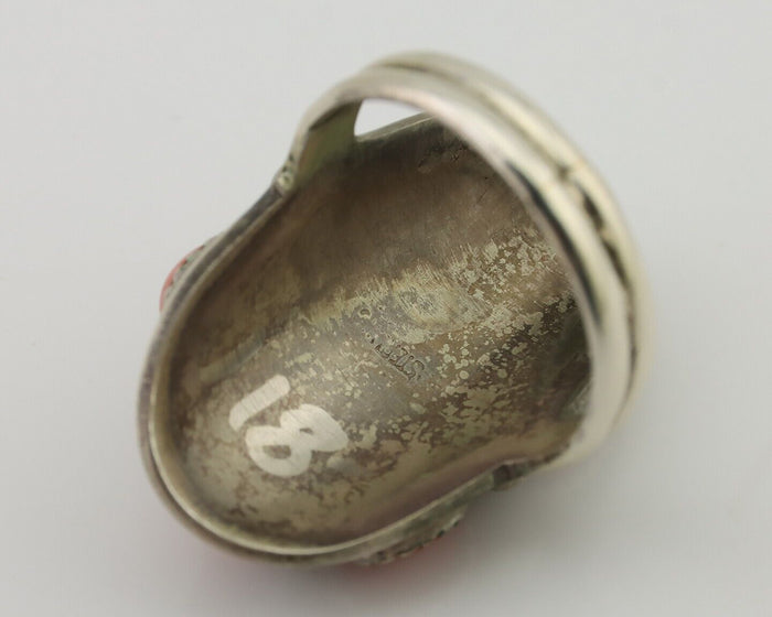 Navajo Ring 925 Silver Mediterranean Coral Native American Artist C.80's
