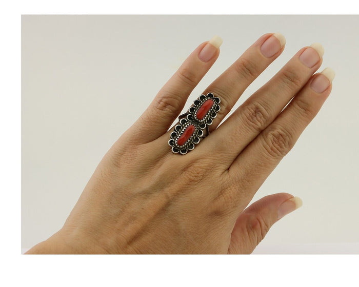 Navajo Ring 925 Silver Mediterranean Coral Native American Artist C.80's