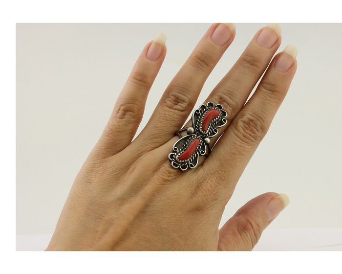 Navajo Ring 925 Silver Mediterranean Coral Native American Artist C.80's