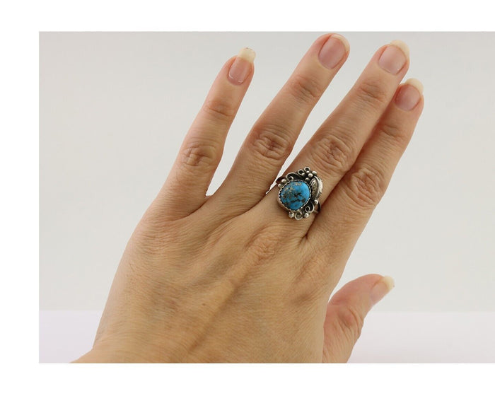 Navajo Ring 925 Silver Morenci Tuquoise Native American Artist C.80's