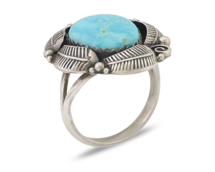 Navajo Ring 925 Silver Natural Blue Gem Turquoise Native Artist Signed PB C.80's