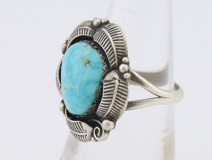 Navajo Ring 925 Silver Natural Blue Gem Turquoise Native Artist Signed PB C.80's