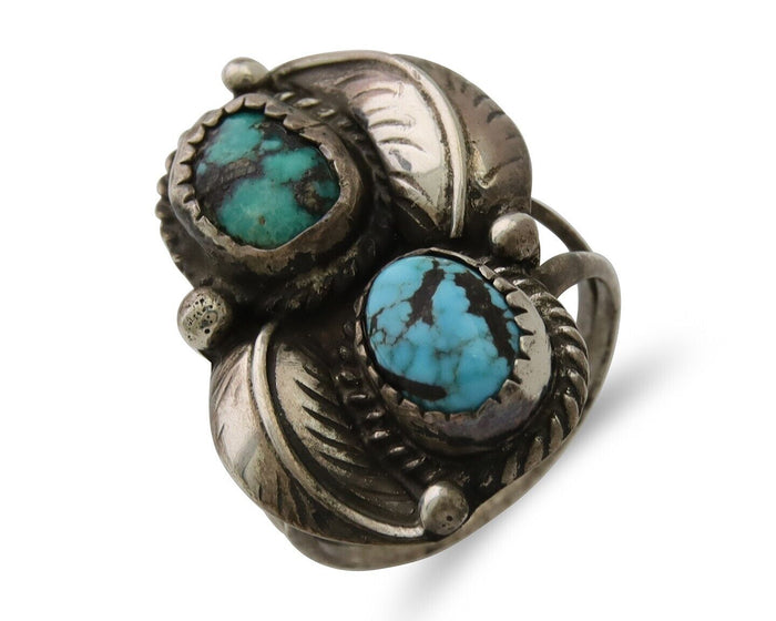 Navajo Ring 925 Silver Natural Blue Green Turquoise Signed MC C.80's