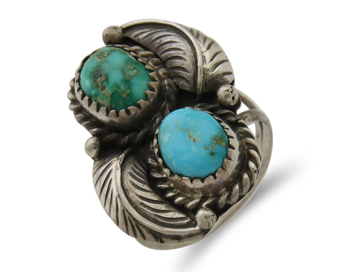 Navajo Ring 925 Silver Natural Blue Green Turquoise Signed MC C.80's