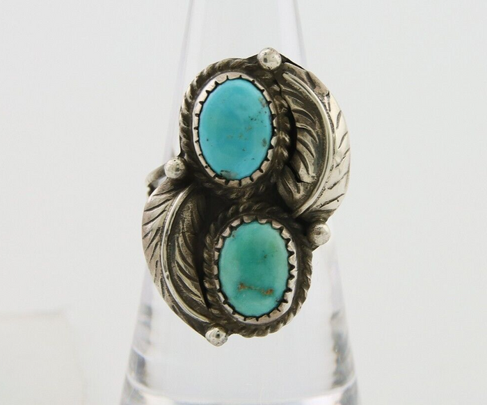 Navajo Ring 925 Silver Natural Blue Green Turquoise Signed MC C.80's