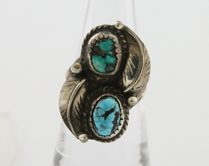 Navajo Ring 925 Silver Natural Blue Green Turquoise Signed MC C.80's