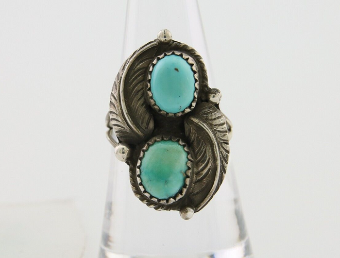 Navajo Ring 925 Silver Natural Blue Green Turquoise Signed MC C.80's