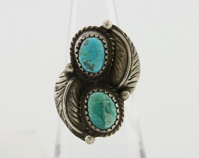 Navajo Ring 925 Silver Natural Blue Green Turquoise Signed MC C.80's