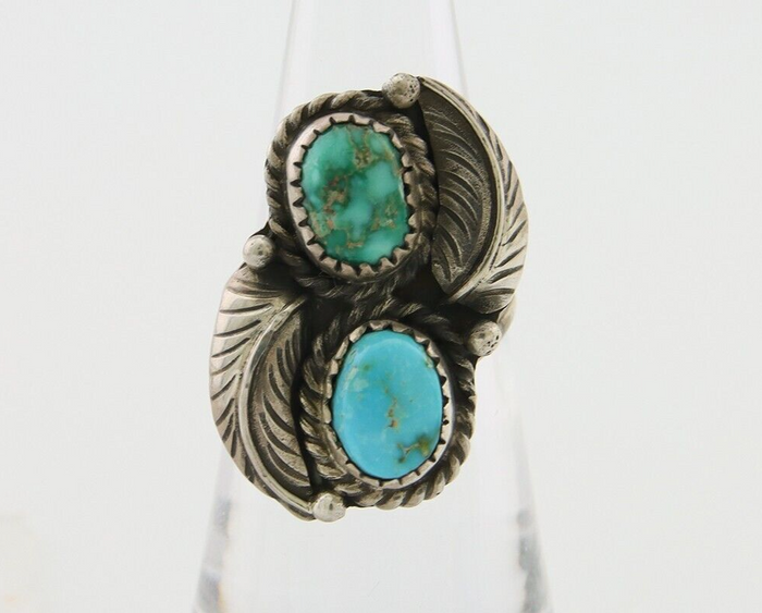 Navajo Ring 925 Silver Natural Blue Green Turquoise Signed MC C.80's