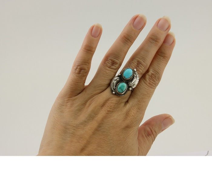 Navajo Ring 925 Silver Natural Blue Green Turquoise Signed MC C.80's