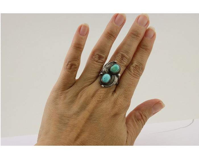 Navajo Ring 925 Silver Natural Blue Green Turquoise Signed MC C.80's