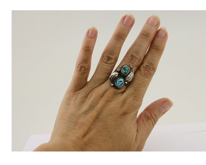Navajo Ring 925 Silver Natural Blue Green Turquoise Signed MC C.80's