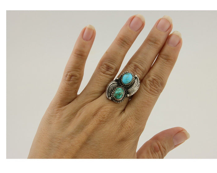 Navajo Ring 925 Silver Natural Blue Green Turquoise Signed MC C.80's