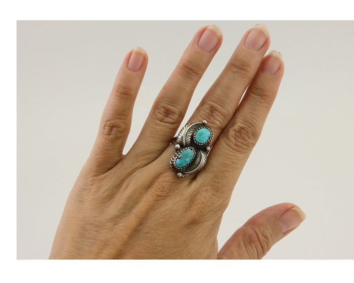 Navajo Ring 925 Silver Natural Blue Green Turquoise Signed MC C.80's