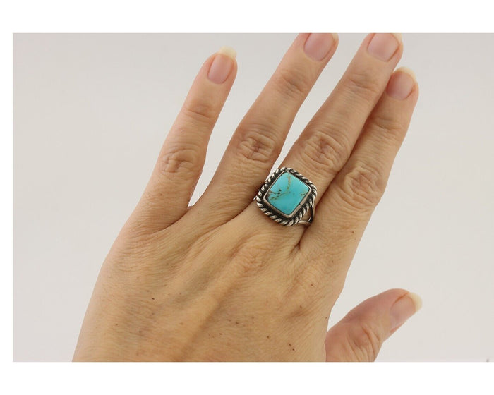 Navajo Ring 925 Silver Natural Blue Turquoise Artist Signed Apache Mfg C.80's