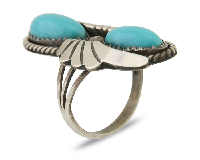 Navajo Ring 925 Silver Natural Blue Turquoise Artist Signed J TSO C.80's