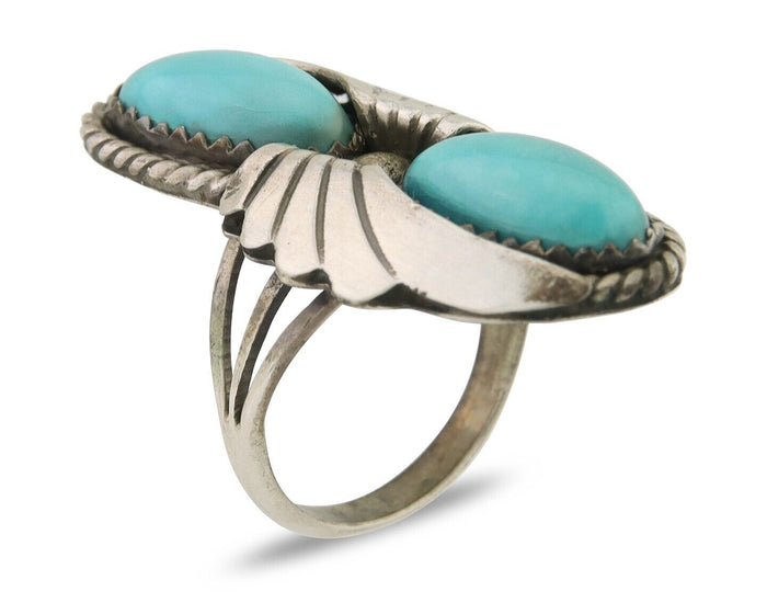 Navajo Ring 925 Silver Natural Blue Turquoise Artist Signed J TSO C.80's