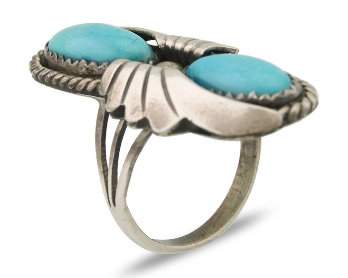 Navajo Ring 925 Silver Natural Blue Turquoise Artist Signed J TSO C.80's