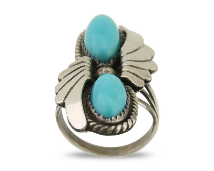 Navajo Ring 925 Silver Natural Blue Turquoise Artist Signed J TSO C.80's