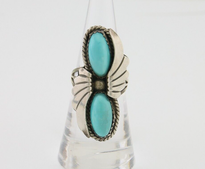 Navajo Ring 925 Silver Natural Blue Turquoise Artist Signed J TSO C.80's