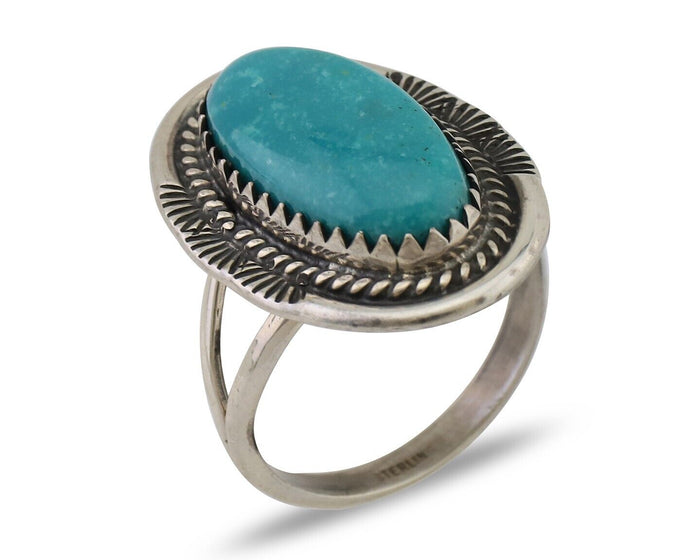 Navajo Ring 925 Silver Natural Blue Turquoise Artist Signed M BEGAY C.80's