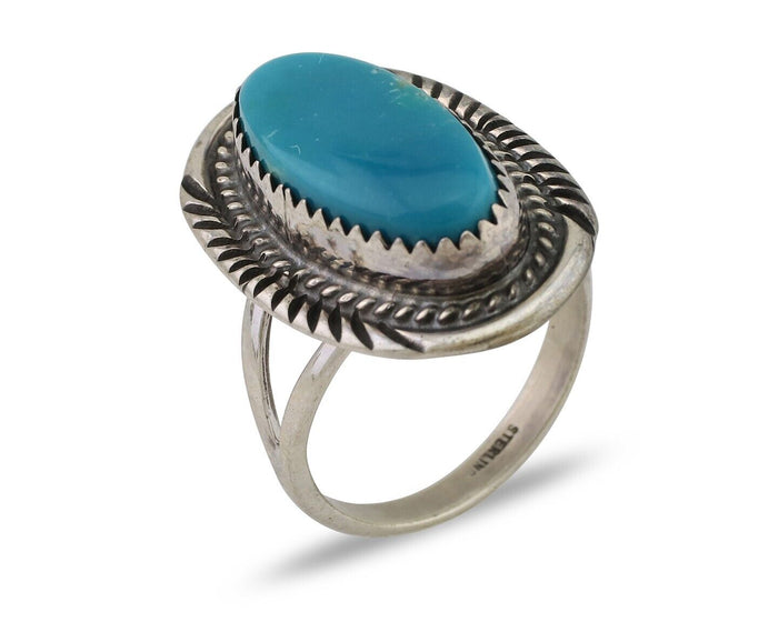 Navajo Ring 925 Silver Natural Blue Turquoise Artist Signed M BEGAY C.80's
