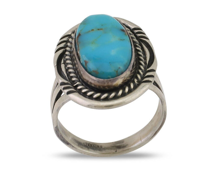 Navajo Ring 925 Silver Natural Blue Turquoise Artist Signed M BEGAY C.80's