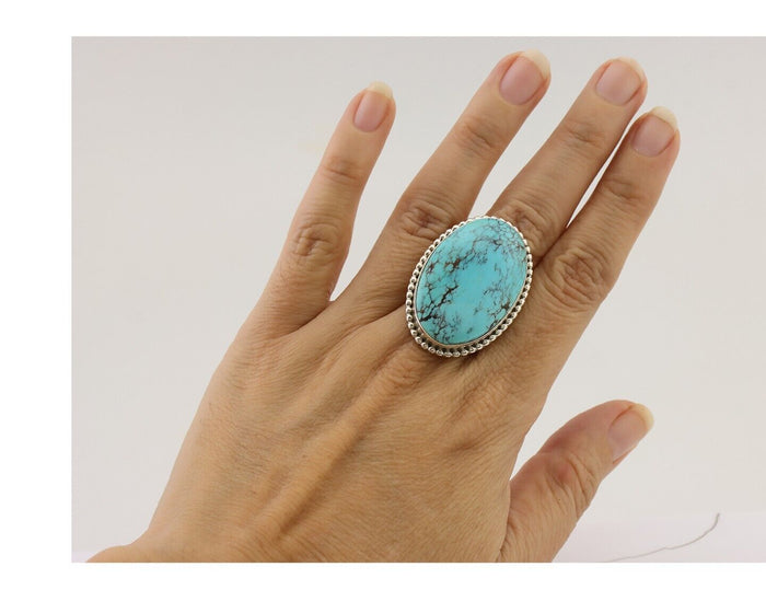 Navajo Ring 925 Silver Natural Blue Turquoise Artist Signed M C.80's