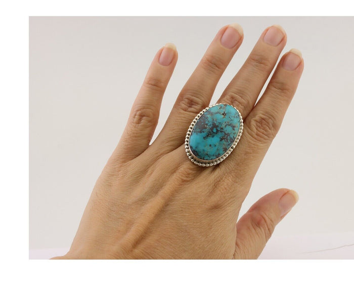 Navajo Ring 925 Silver Natural Blue Turquoise Artist Signed M C.80's