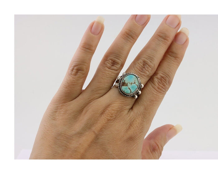 Navajo Ring 925 Silver Natural Blue Turquoise Artist Signed MC C.80's