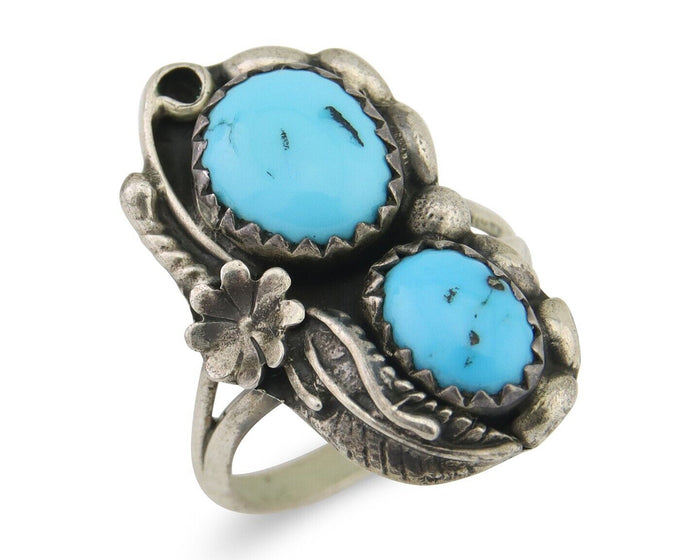 Navajo Ring 925 Silver Natural Blue Turquoise Artist Signed SC C.80's Size 3.75