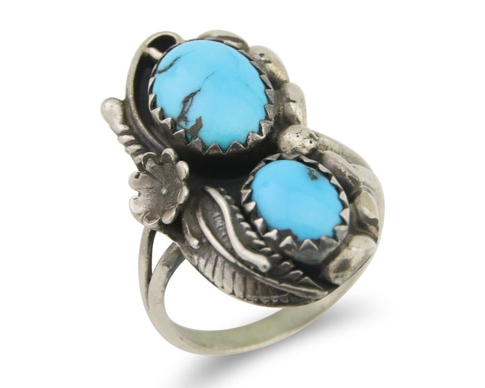 Navajo Ring 925 Silver Natural Blue Turquoise Artist Signed SC C.80's Size 3.75