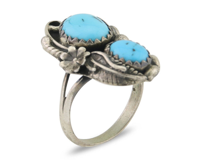 Navajo Ring 925 Silver Natural Blue Turquoise Artist Signed SC C.80's Size 3.75