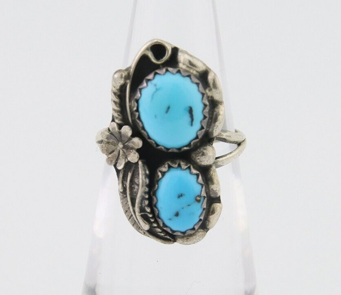 Navajo Ring 925 Silver Natural Blue Turquoise Artist Signed SC C.80's Size 3.75