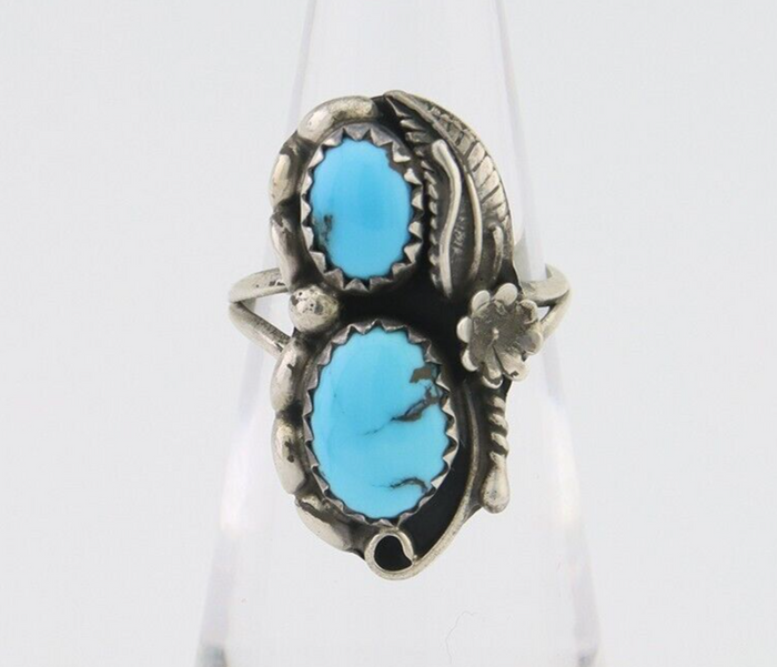 Navajo Ring 925 Silver Natural Blue Turquoise Artist Signed SC C.80's Size 3.75
