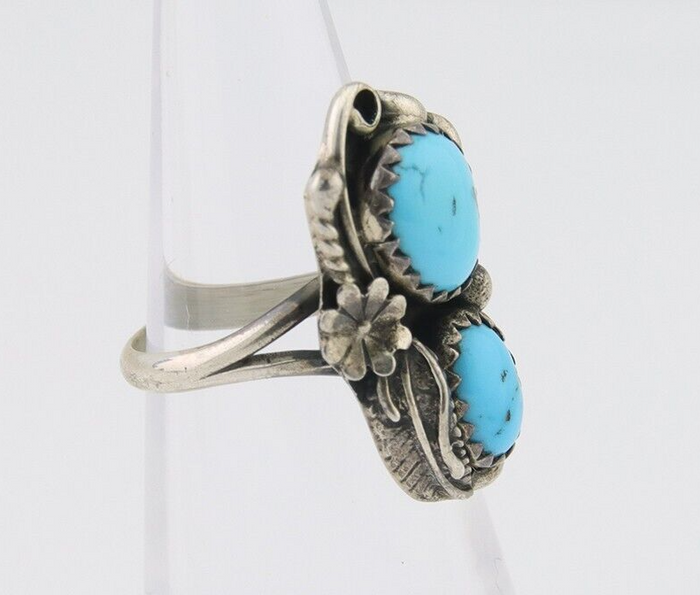 Navajo Ring 925 Silver Natural Blue Turquoise Artist Signed SC C.80's Size 3.75