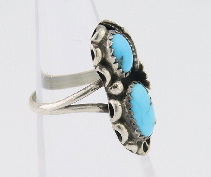 Navajo Ring 925 Silver Natural Blue Turquoise Artist Signed SC C.80's Size 3.75