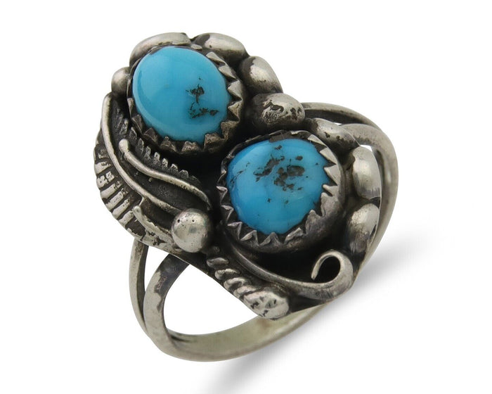 Navajo Ring 925 Silver Natural Blue Turquoise Artist Signed SC C.80's Size 4.0