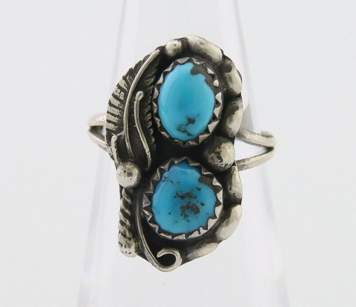 Navajo Ring 925 Silver Natural Blue Turquoise Artist Signed SC C.80's Size 4.0